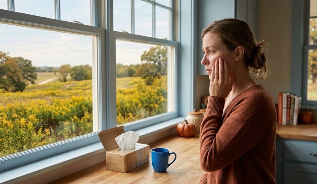 Woman at a kitchen window in early fall pressing a hand to her cheek near the sinus area