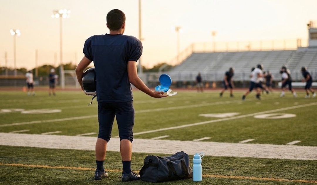 Teen football player on the sideline holding an aligner case and a sports mouthguard