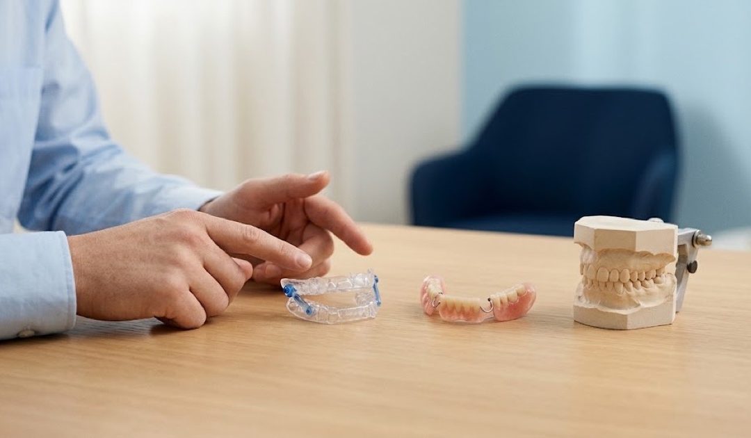Two-piece sleep apnea oral appliance beside a partial denture and dental model on a consultation desk