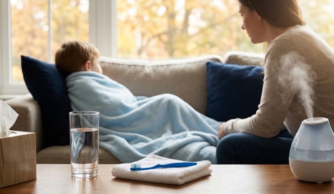 Child resting under a blanket on the couch beside a parent, with water, tissues, a toothbrush and a humidifier on the coffee table