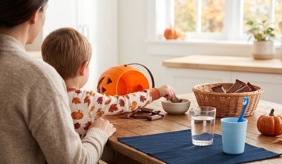 Parent and child sorting Halloween chocolate at the kitchen table next to a glass of water and a toothbrush cup